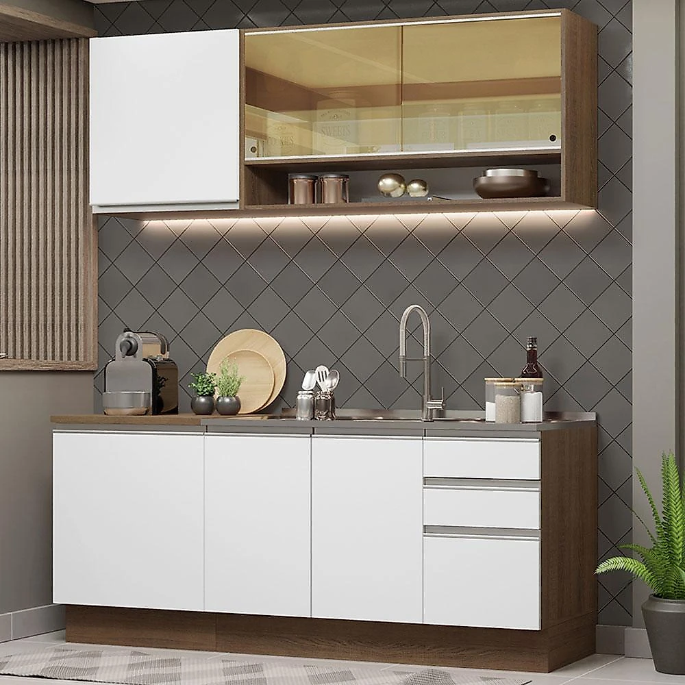 Cozinha compacta madesa glamy 180006 com armário e balcão (sem tampo e pia) - rustic/branco