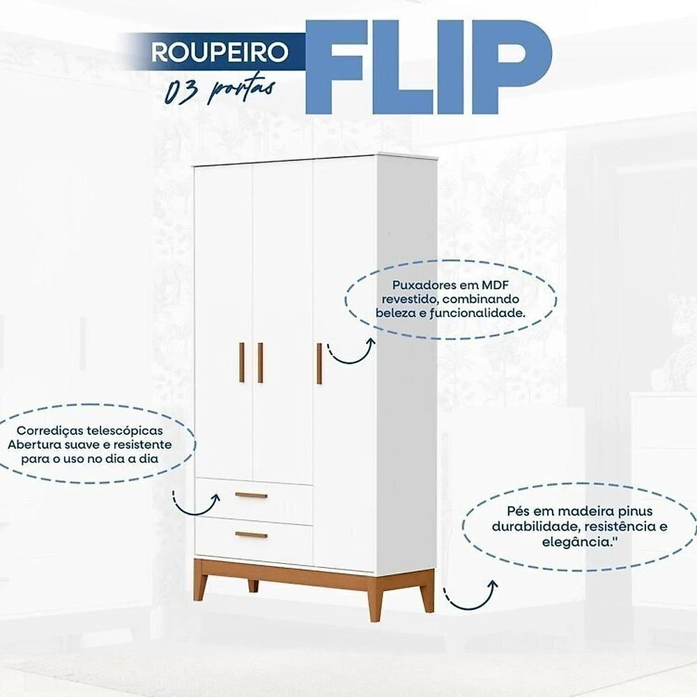 Quarto Completo Flip com Roupeiro 3 Portas Branco Fosco