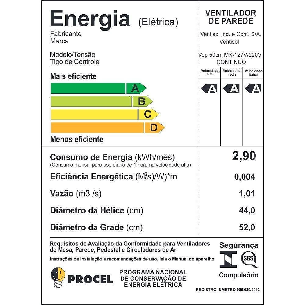 Ventilador de parede ventisol 50cm preto bivolt 538