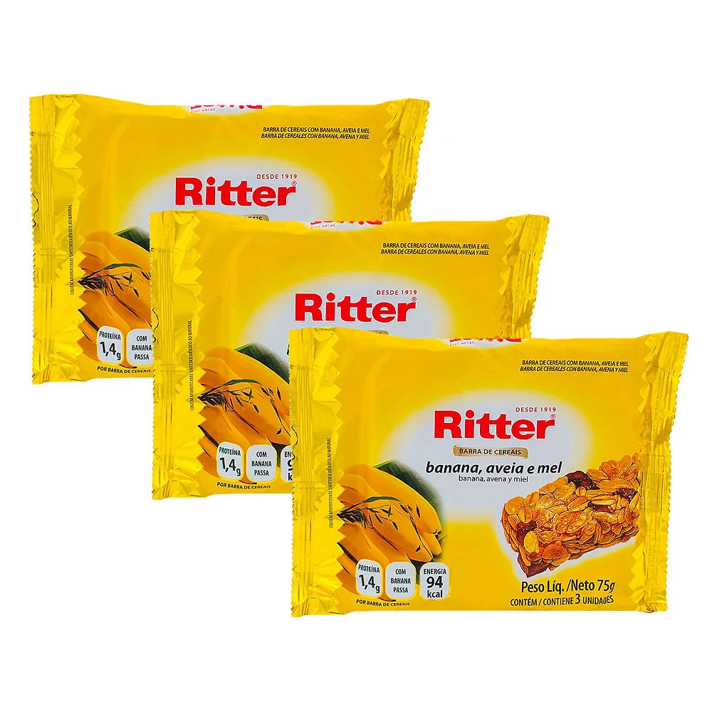 Kit 3 Barra de Cereais Ritter Banana, Aveia e Mel com 3 Unidades de 25g cada
