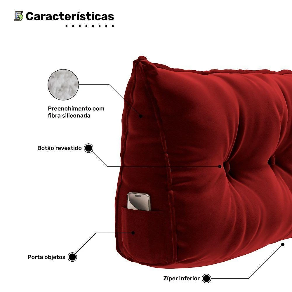 Kit 2 Almofadas Cabeceira Spot 195cm Apoio Lombar Porta Celular Veludo Vermelho Abmaza webcontinental-7908649147700