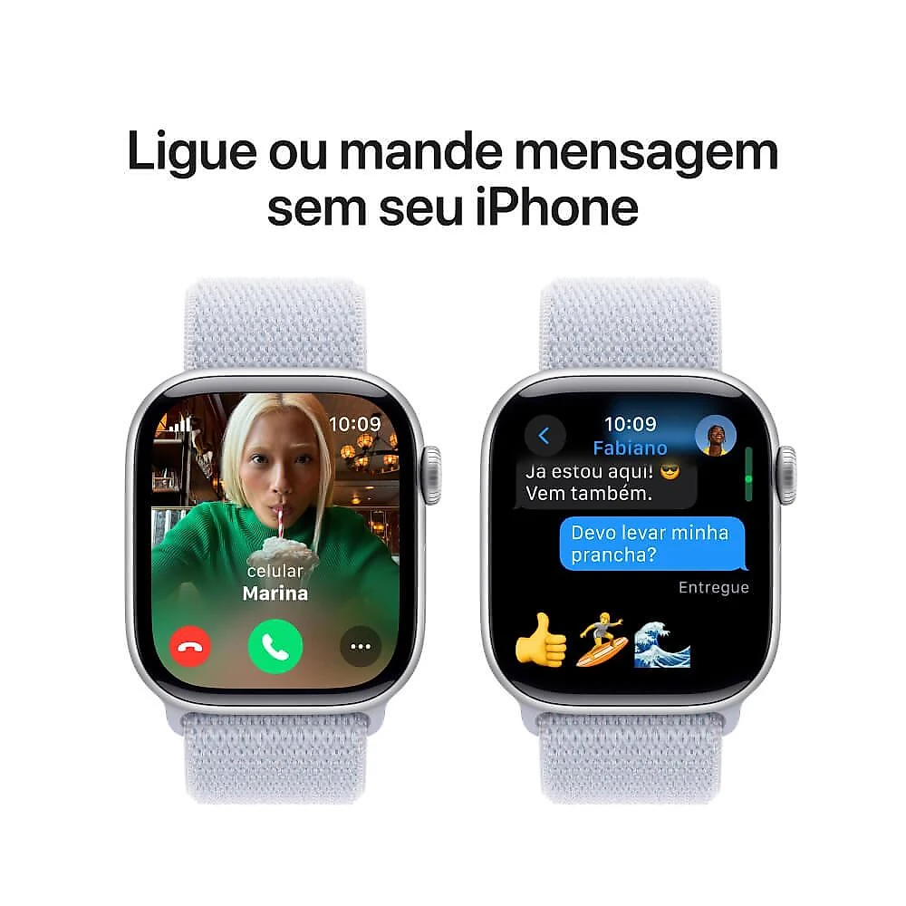 Apple Watch Series 10 GPS + Cellular • Caixa prateada de alumínio – 42 mm • Pulseira loop esportiva nuvem azul