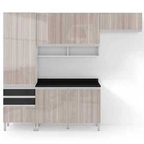 Miniatura Armário de Cozinha Compacta Bartira Jaspe com 6 Portas, 3 Gavetas e 6 Prateleiras - 260,4cm de largura Branco/Cinza