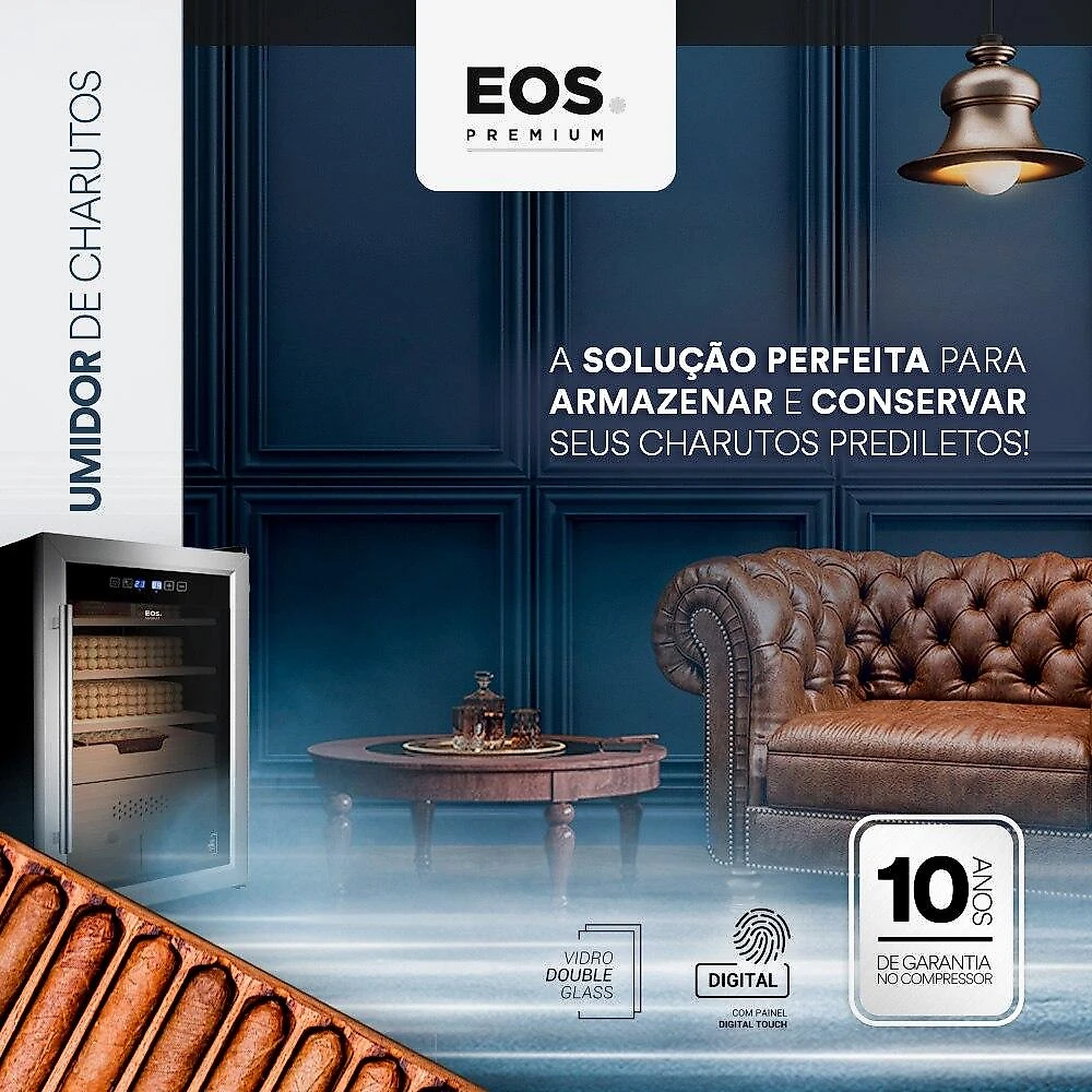 Termoumidor de Charutos 43,5 Litros EOS Premium com Compressor e Porta de Vidro em Inox EUC60 220V