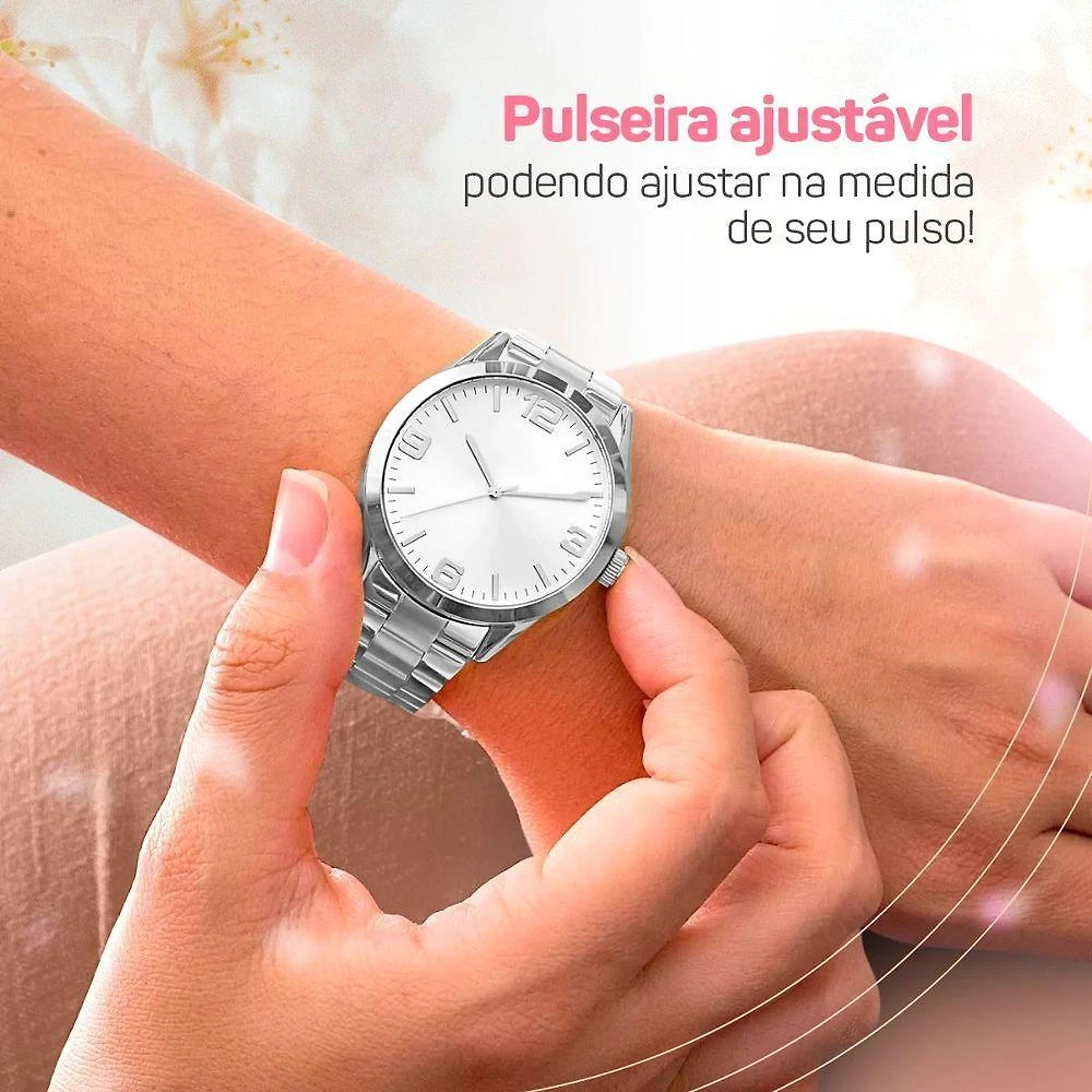 Miniatura Relogio Feminino Prata Aço Inox + Caixa + Pulseira Pandora