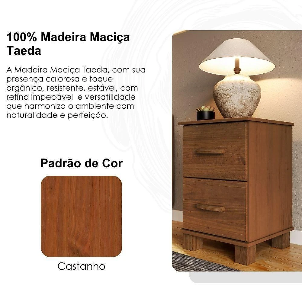 Mesa de Cabeceira 1137C 2 Gavetas Madeira Maciça Castanho Milani Movelaria