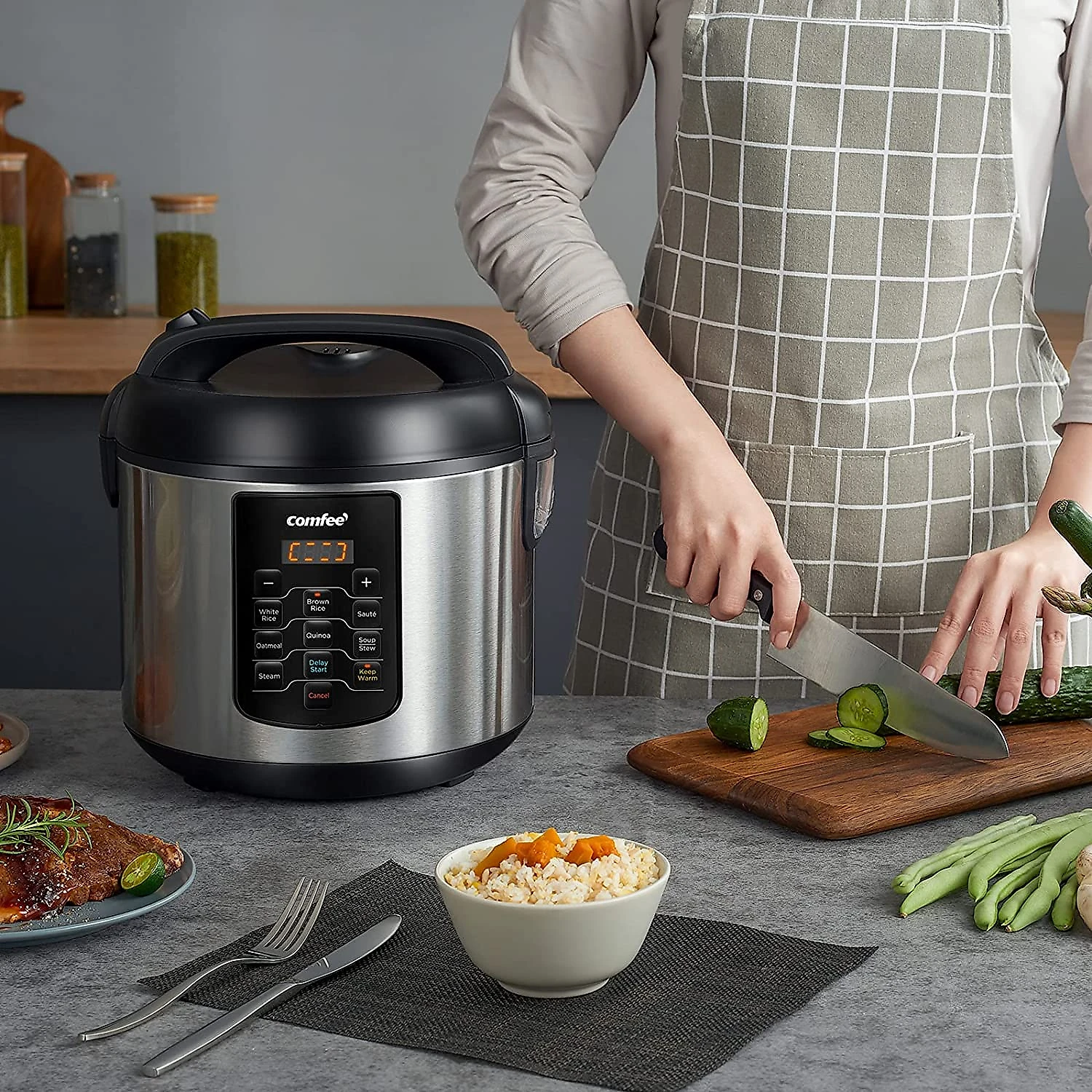 COMFEE CRS5010BS Panela de Arroz Elétrica 52L Multifuncional com 8 Configurações e Desligamento Automático 110V Preta