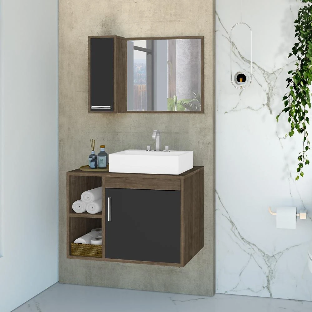Conjunto Gabinete para Banheiro com Cuba de Sobrepor e Espelheira 60cm Dublin
