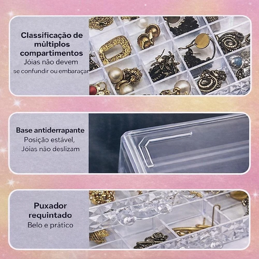 Porta Joias Organizador m 72 Divisórias Acrílico 3 Gavetas Transparente para Acessórios Yeet 13,5CM