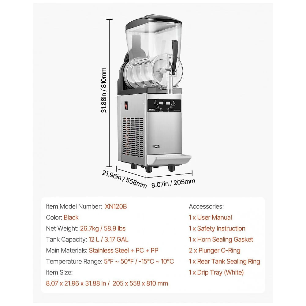 Máquina de Slush Raspadinha VEVOR XN120B 12L Tanque Único Comercial 48 Copos Inox