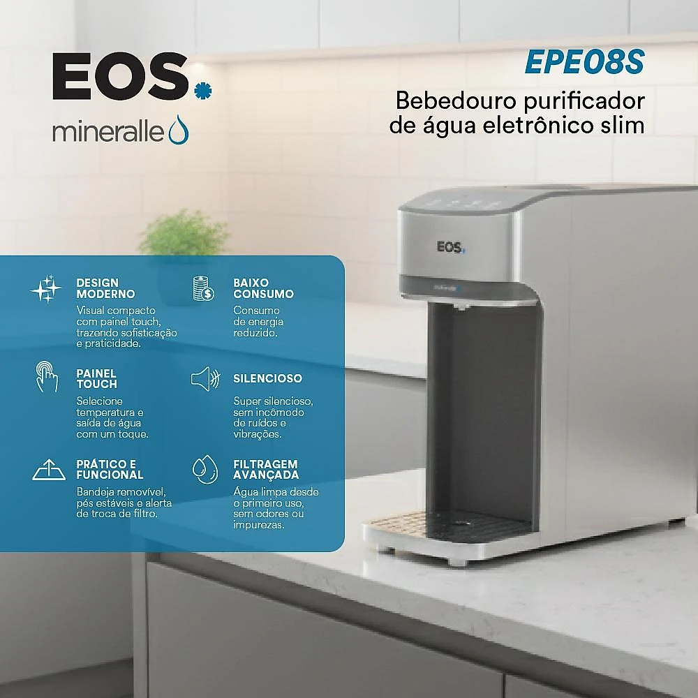 Purificador de Água EOS Mineralle Slim Touch Eletrônico Prata EPE08S Bivolt