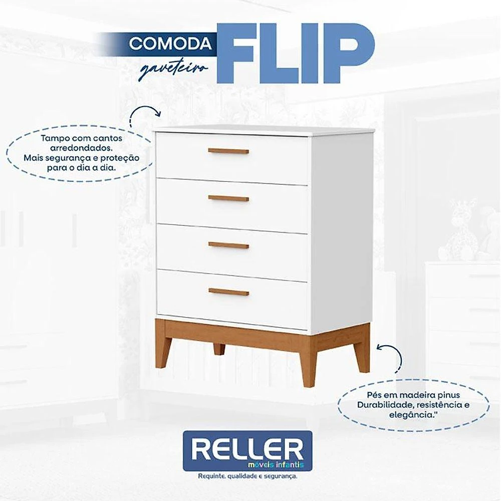 Quarto De Bebê Flip Guarda Roupa 4 Portas E Cômoda Gaveteiro Branco Acetinado - Reller