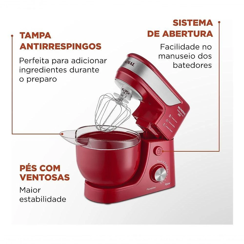 Batedeira Planetária BP-01P-R 4,5L 700W 12 Velocidades Vermelho 110V