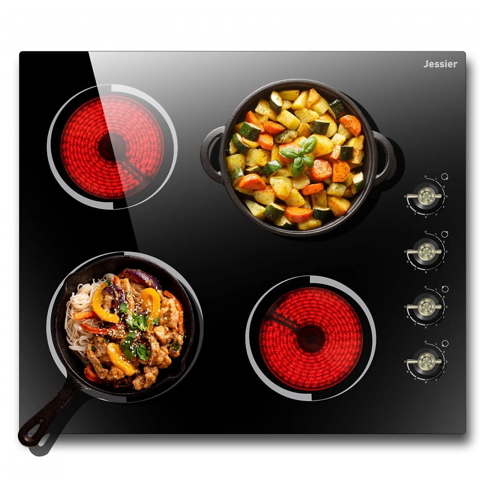 Cooktop elétrico vitrocerâmico 61cm 4 zonas Jessier 6000W comando por manípulos vidro preto 220V