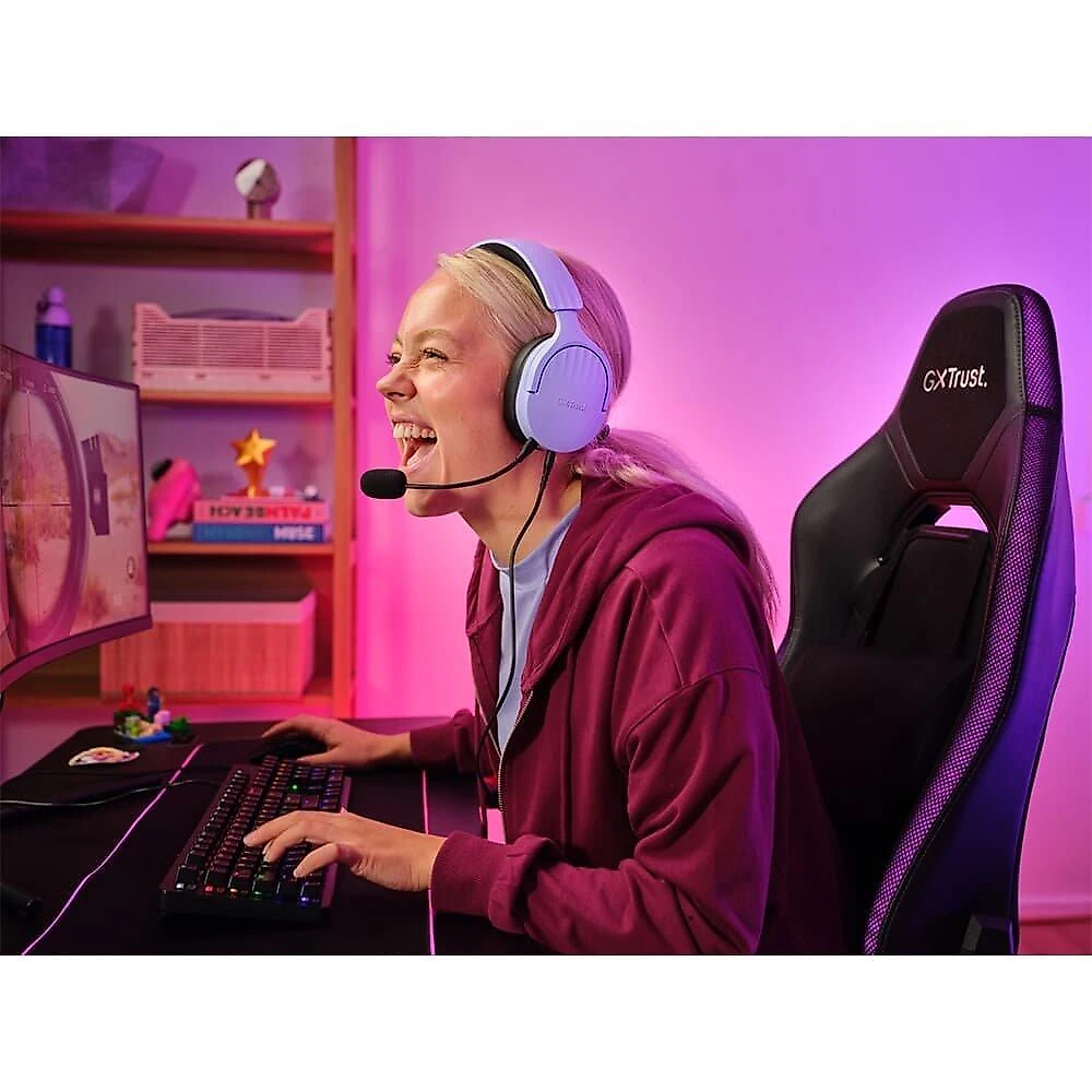 Headset Gamer GXTrust 489P Fayzo, Multiplataforma, P3, Microfone Destacável, Cancelamento de Ruído, Roxo - 25301