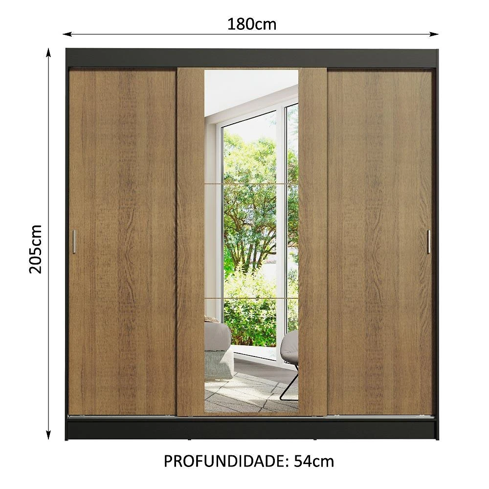 Miniatura Guarda-Roupa Casal Madesa Reno 3 Portas de Correr com Espelho - Preto/Rustic Preto/Rustic