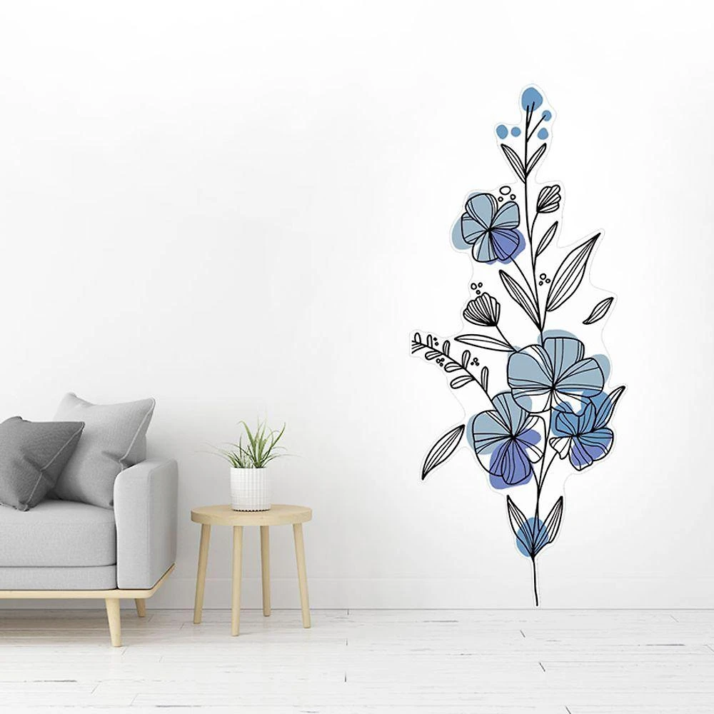 Adesivo Parede Flores Azuis Minimalista 33,4x80cm Preto Teu Adesivo