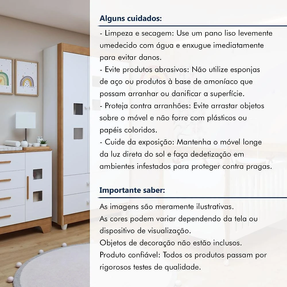 Quarto de Bebê Completo com Cômoda, Berço com Colchão e Guarda Roupas Mila Branco/Amadeirado