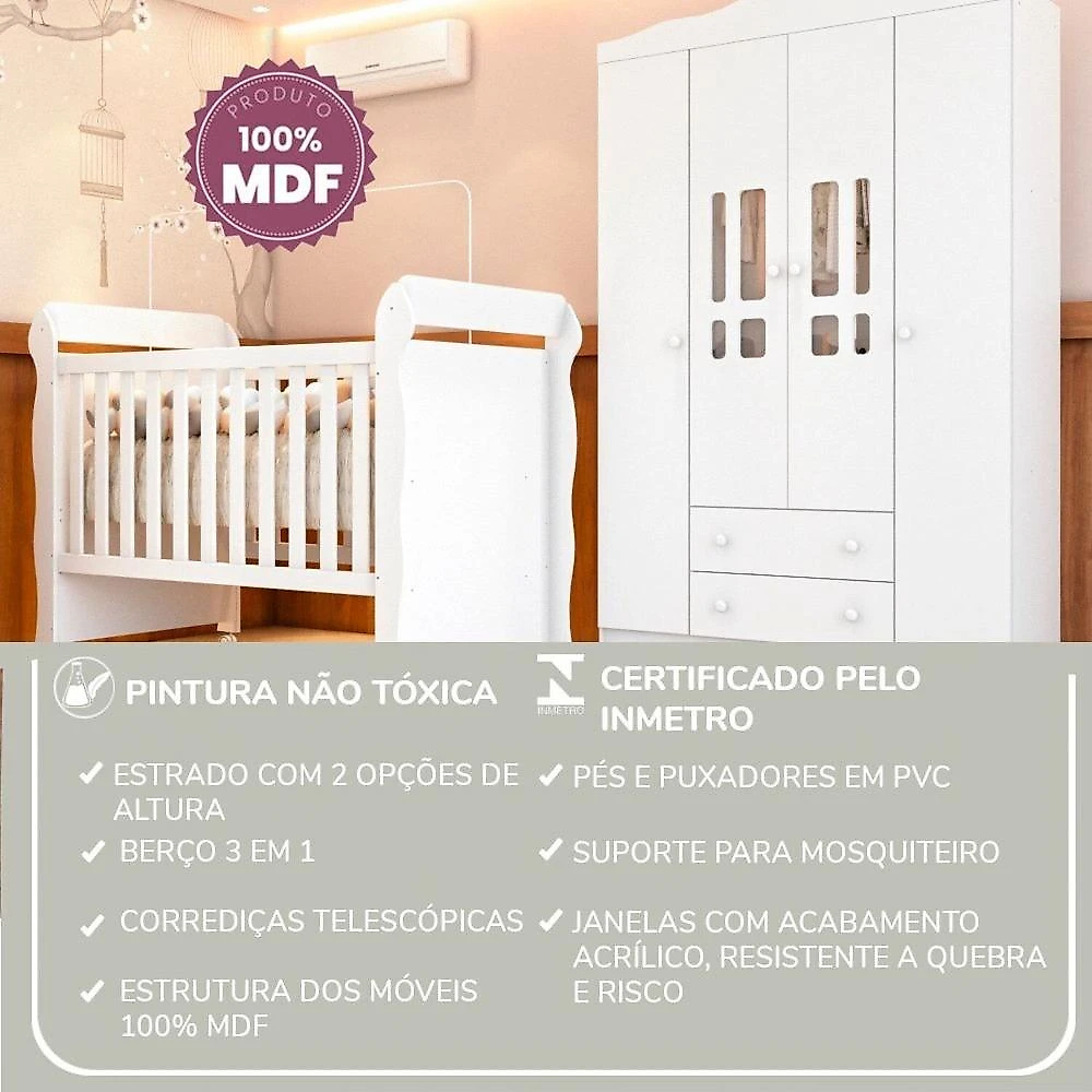 Quarto de Bebê Completo Berço Mini Cama e Guarda-roupa 4 Portas Mirelle Branco