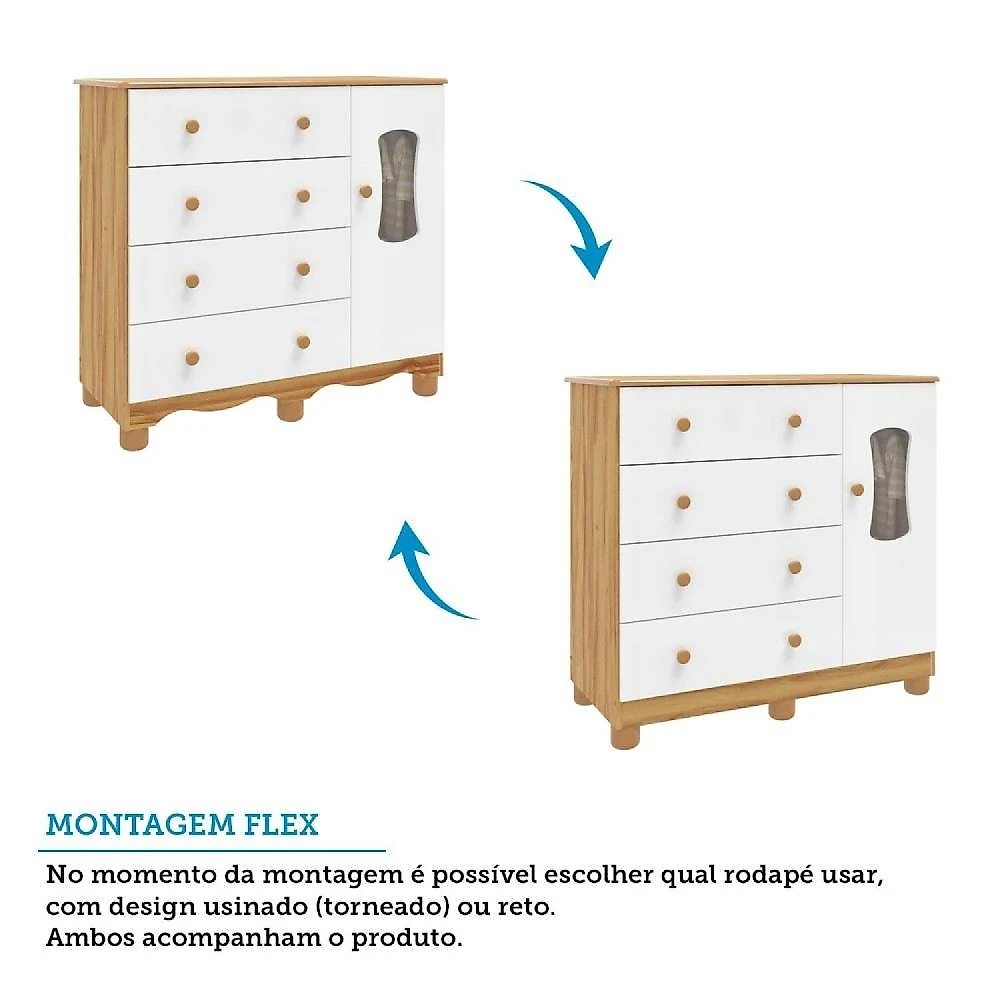 Quarto de Bebê Cômoda com 1 Porta Janelada e Berço com Rodízios 100% Mdf Lana Espresso Móveis Branco Brilho/Amêndoa