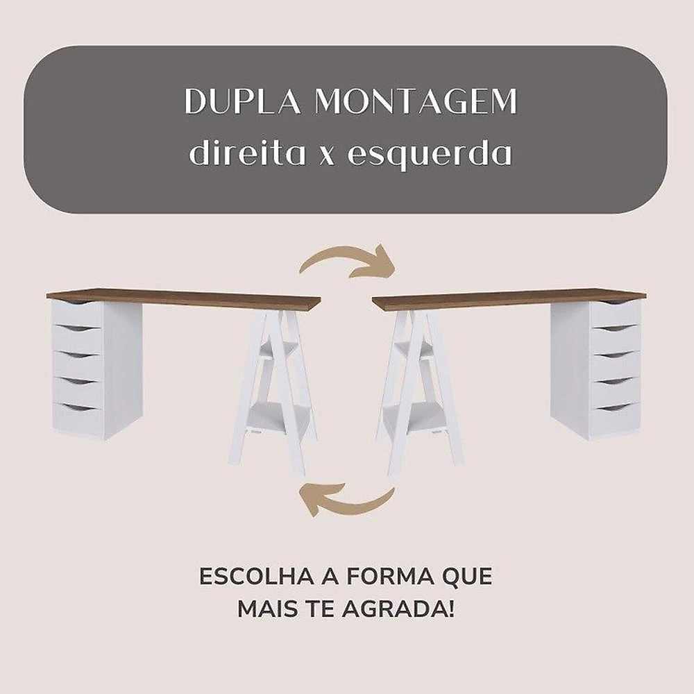 Kit 3 Peças com Escrivaninha Moderna com Pés de Cavalete, Armário com Nichos e Balcão 2 Portas Nogal/Branco