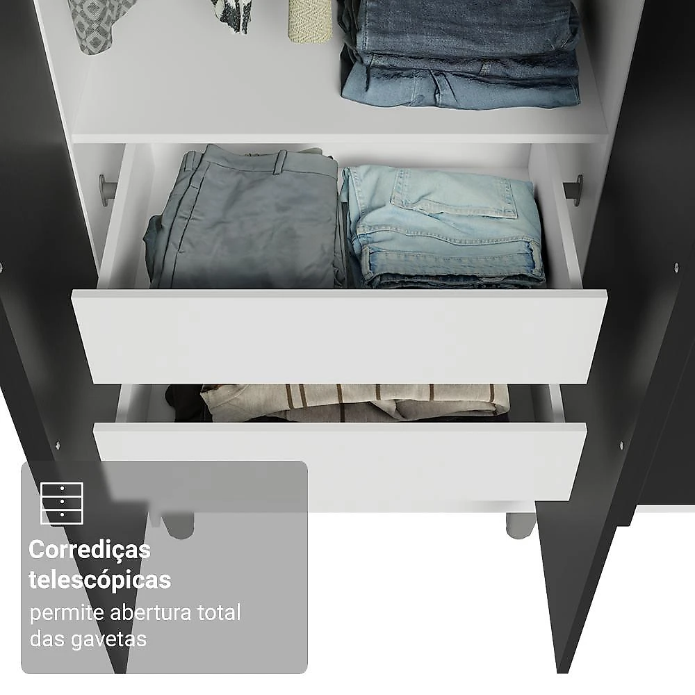 Guarda-roupa casal com pés 6 portas batentes branco/preto/preto saturno madesa