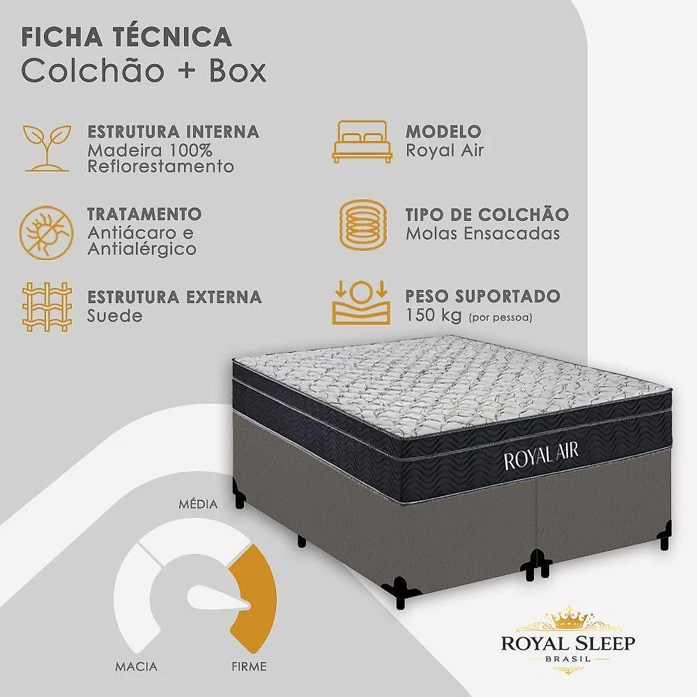 Cama Box Queen Royal Air Pillow Top Molas Ensacadas Suede Cinza