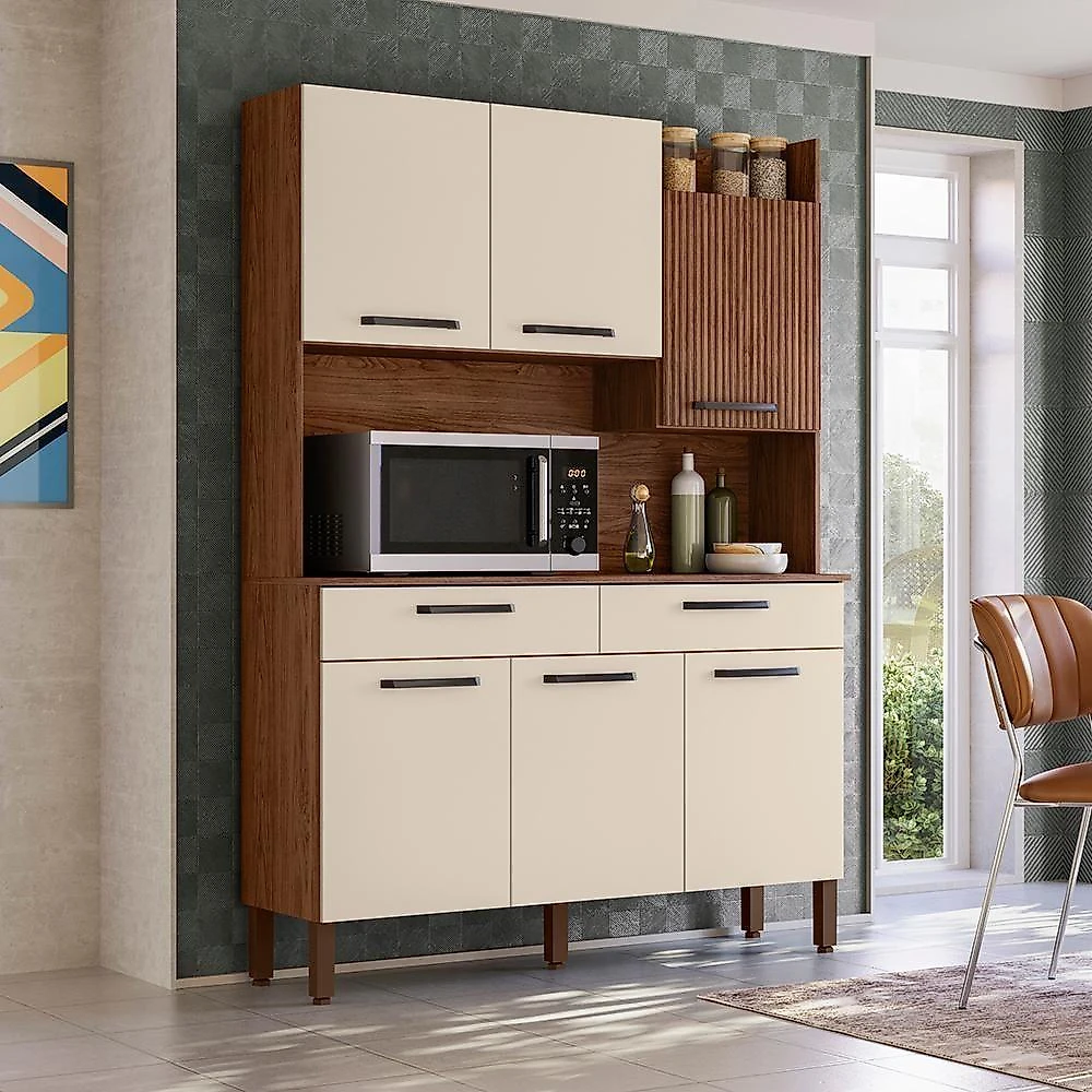 Kit Cozinha 6p 2g 132 Cm Modena Nogueira Ripado Ktp Nogueira