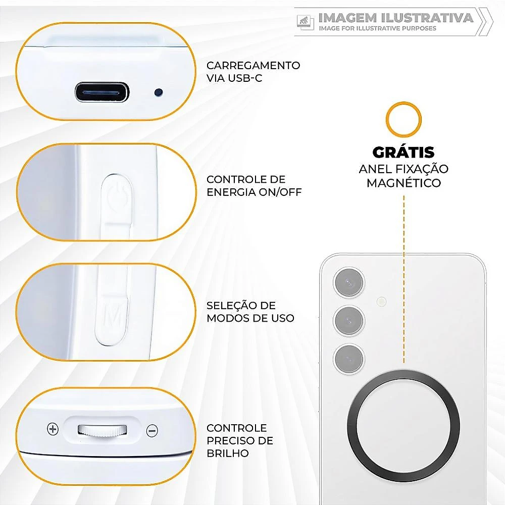 Ring Light Portátil com MagSafe - LED para Selfie, Vídeos e Chamadas, 3 Modos de Luz, Recarregável USB-C - Hybrid - Gshield