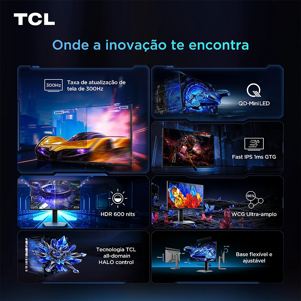 Monitor Gamer TCL 25 Polegadas QD-Mini LED Full HD G64 300Hz 1ms (GtG) Freesync HDR 600 nits 25G64
