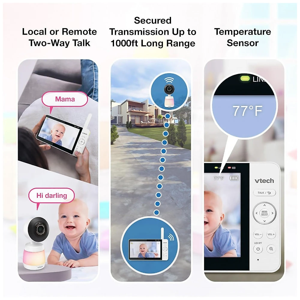 Babá Eletrônica Inteligente VTech com 2 Câmeras, WiFi, Vídeo Full HD 1080p, Aplicativo Gratuito, Detecção de Movimento e Som, Tela de 17 cm