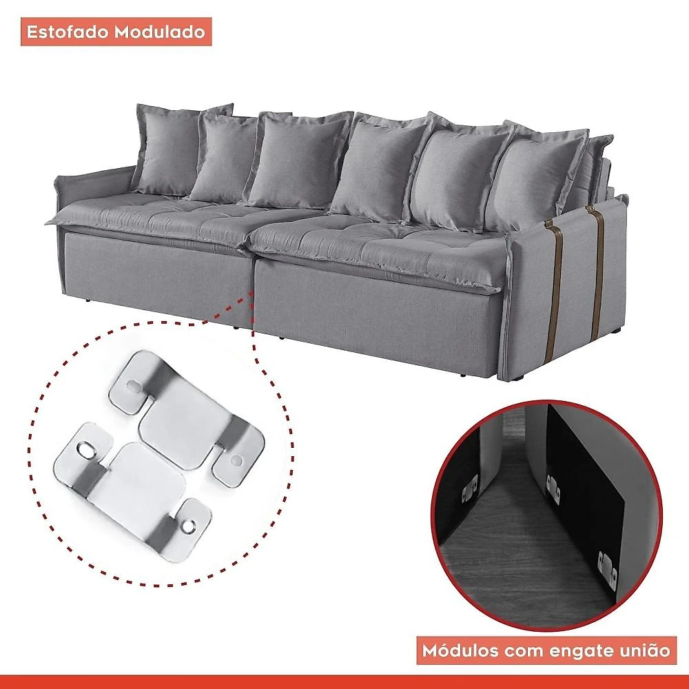 Sofá Retrátil e Reclinável Modulado 214cm Pés em Madeira Maciça Portugal Sofá Retrátil e Reclinável 214cm M161 Linho/Cinza