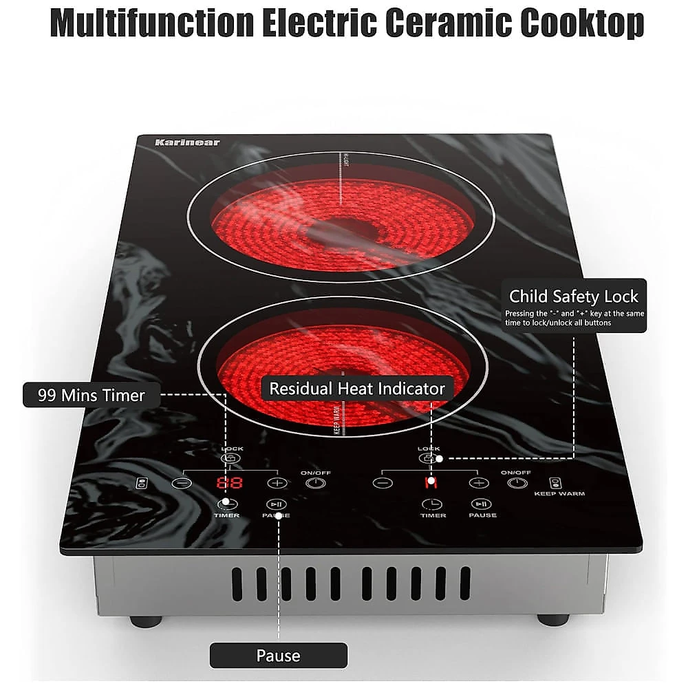 Cooktop Elétrico Portátil Karinear 2 Bocas, 110v, Cooktop Elétrico de Balcão ou Embutido, 30 cm de Vidro Cerâmico com Padrão de Ondas Belíssimo