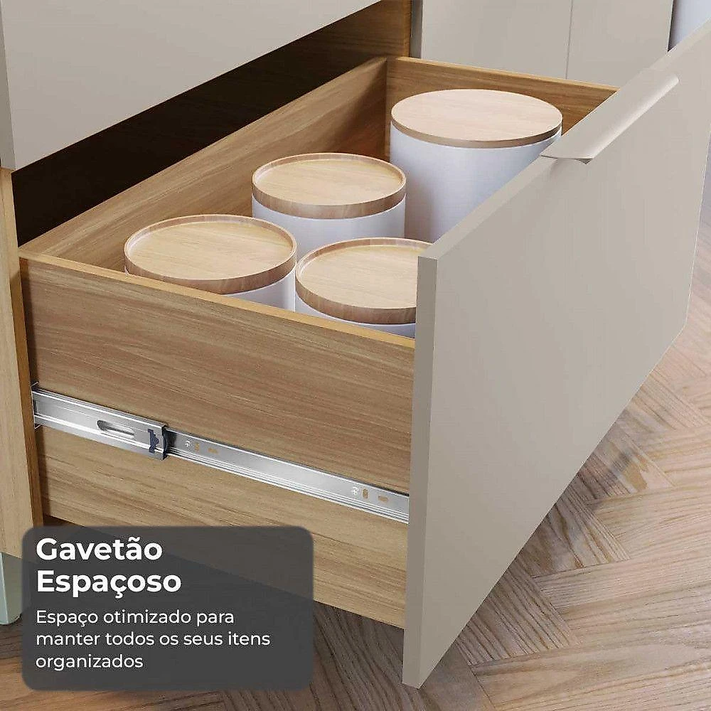 Cozinha Marquesa 5 Peças 6 Portas 6 Gavetas MDF 270CM Nature e Greige Nesher Móveis