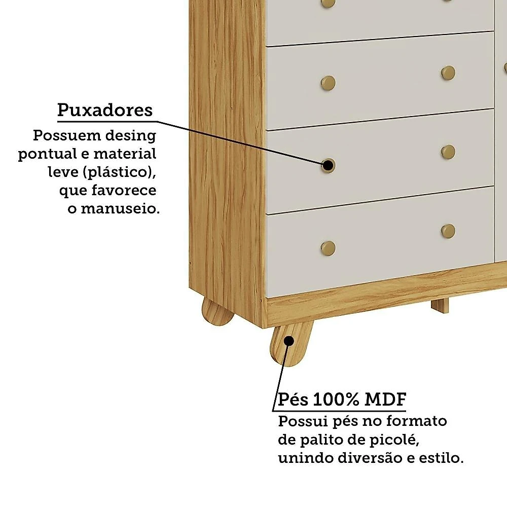 Quarto de Bebê Guarda-Roupa 4 Portas Cômoda e Berço Minicama 4 em 1 Levy 100% MDF Yescasa Amêndoa/Off White