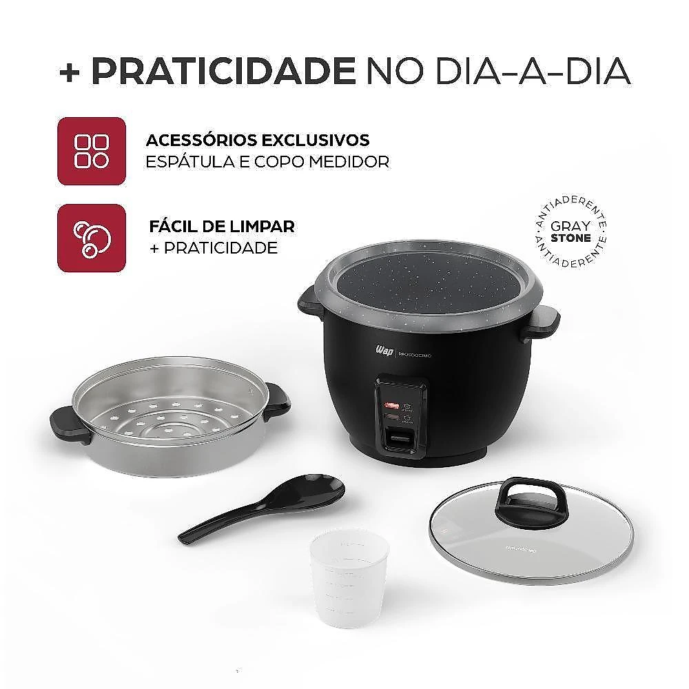 Panela de Arroz Elétrica de Arroz WAP WRC1000 1L 400W com Cesto Vapor Preto 220V