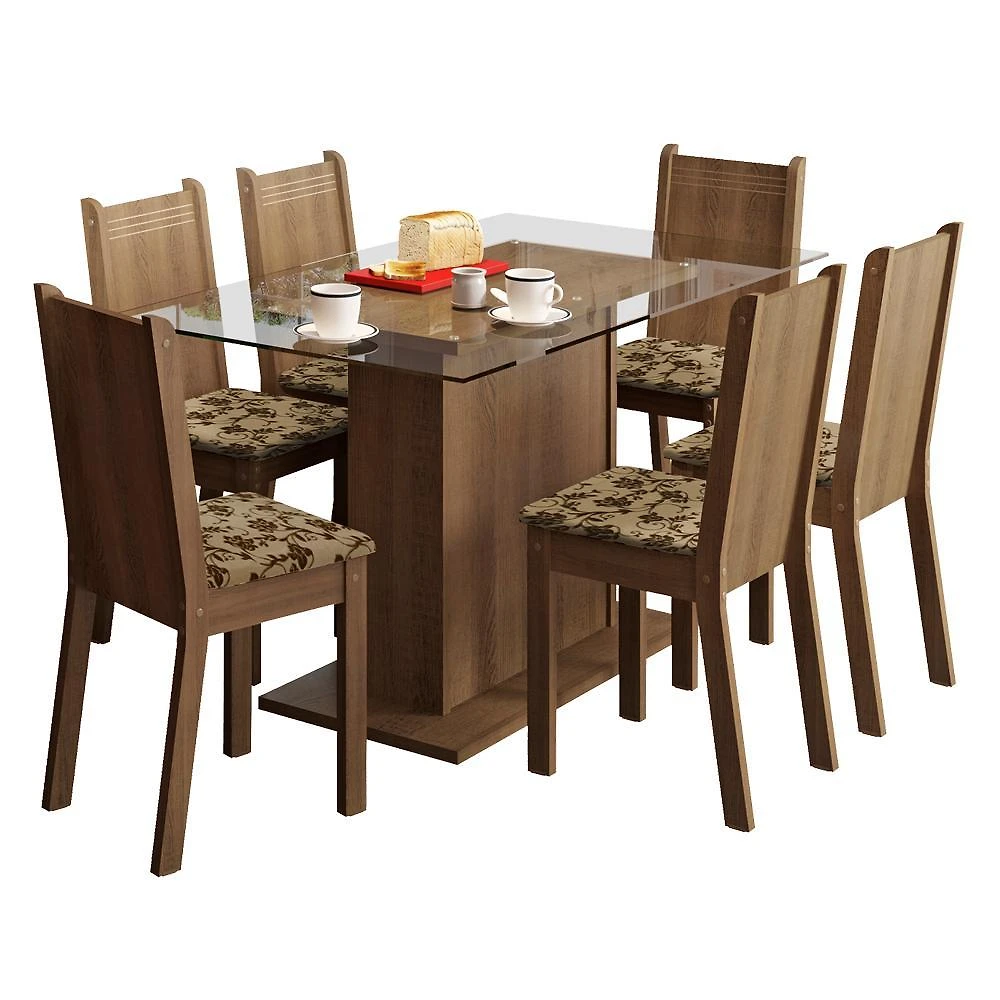 Conjunto sala de jantar madesa gales mesa tampo de vidro com 6 cadeiras - rustic/bege marrom