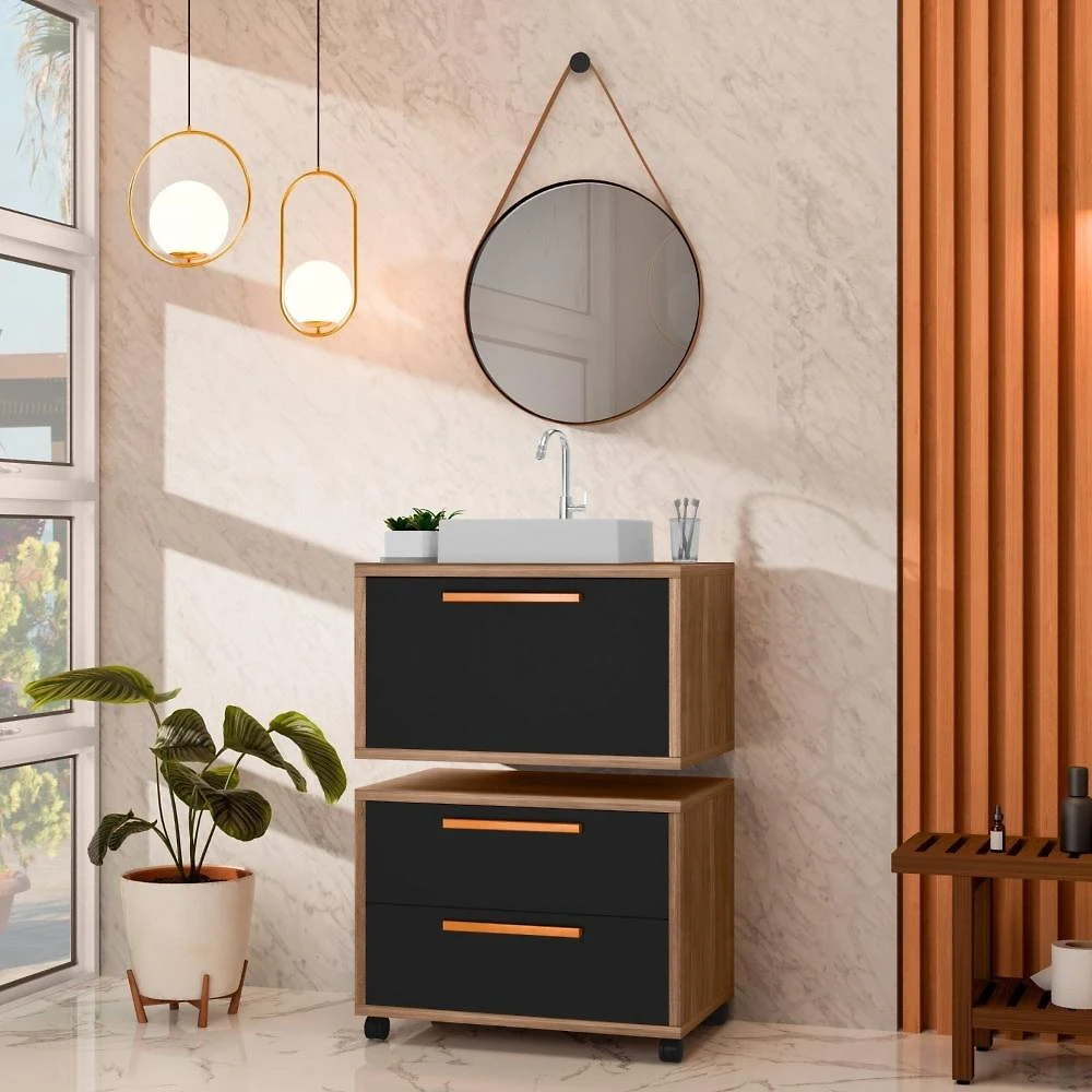 Conjunto Gabinete para Banheiro com Rodizio, com Cuba de Sobrepor e Espelho Kyoto 60cm Avelato/preto