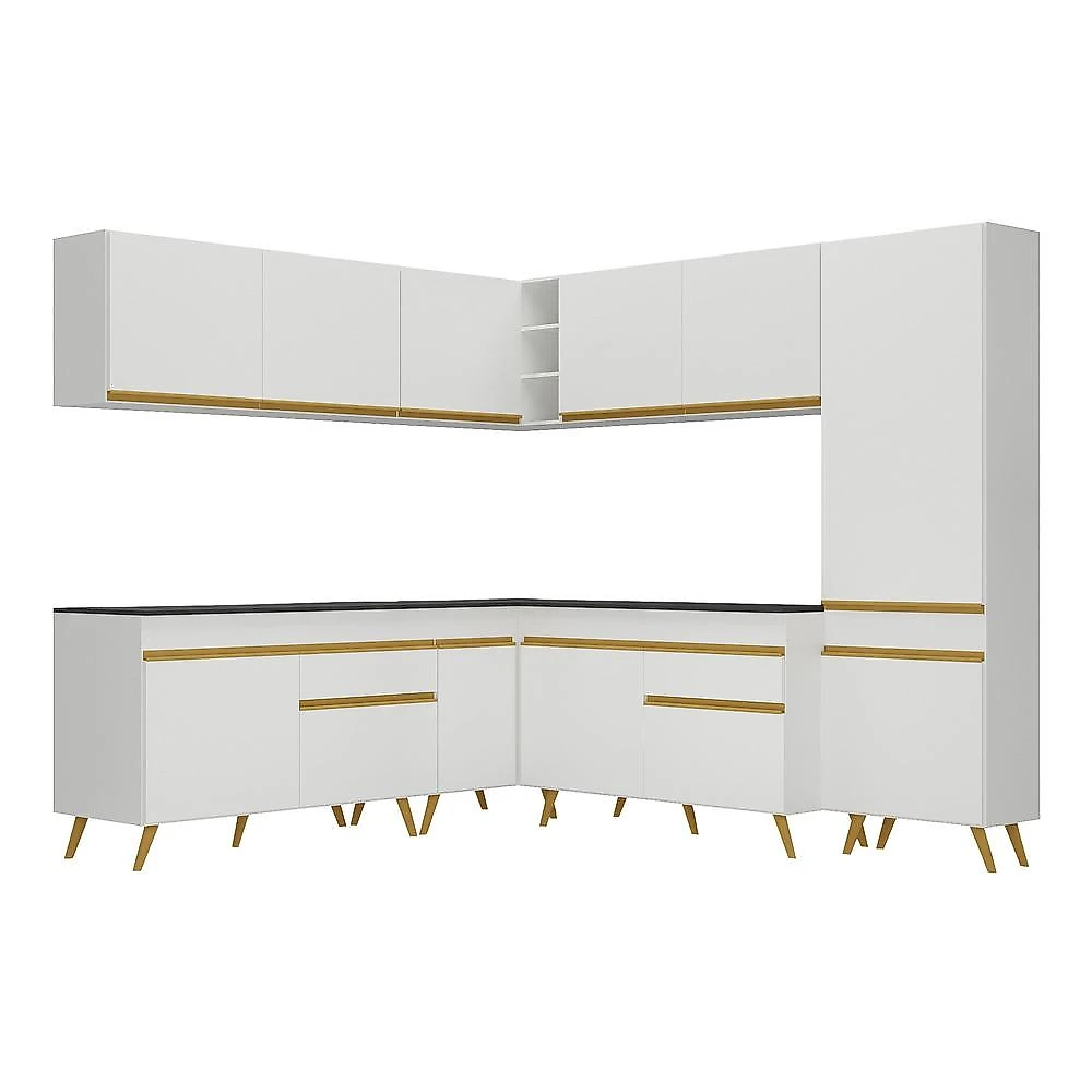 Armário de Cozinha Completa de Canto Veneza Multimóveis V2067 Branco/Dourado