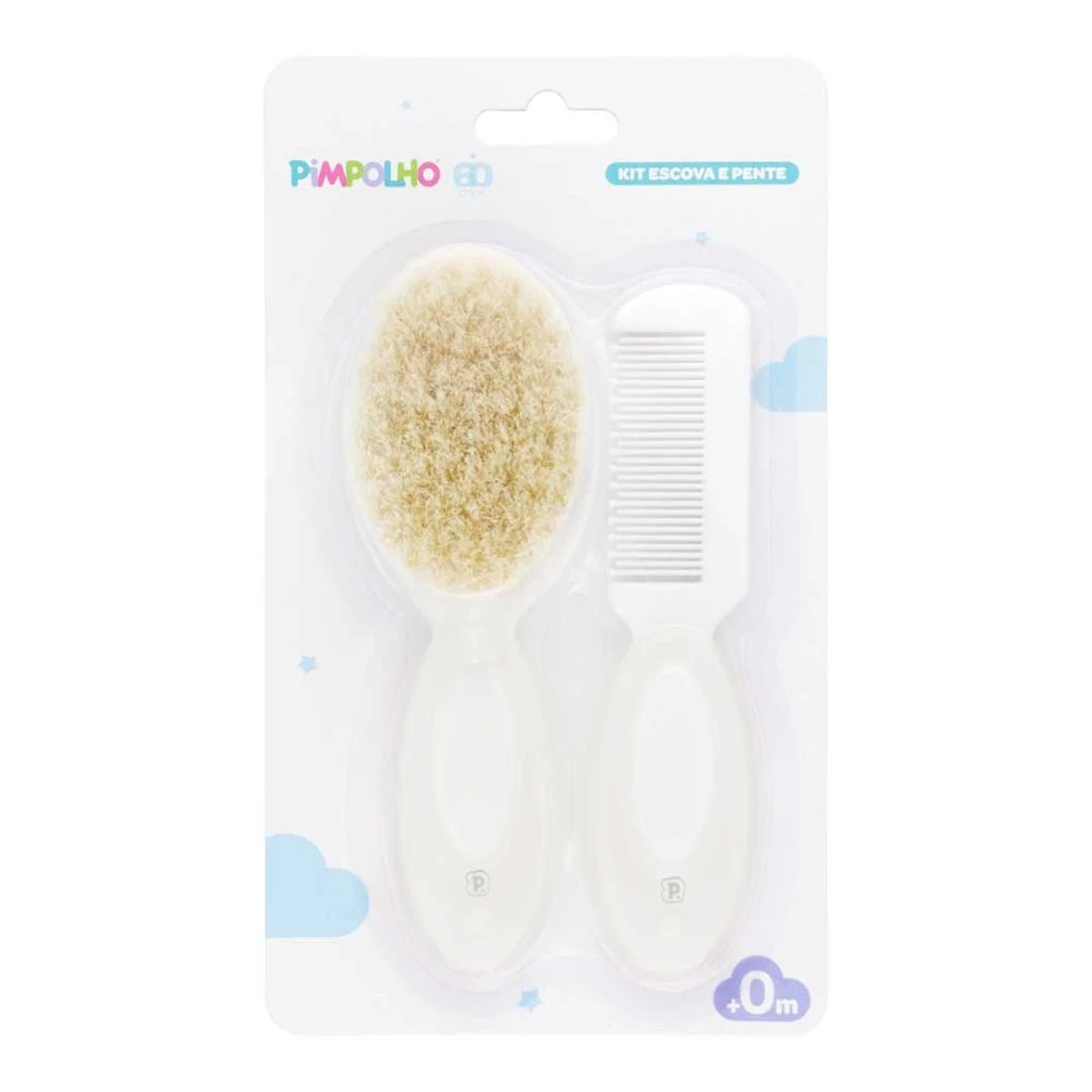 Kit Escova e Pente Infantil Pimpolho Cerdas Naturais +0M