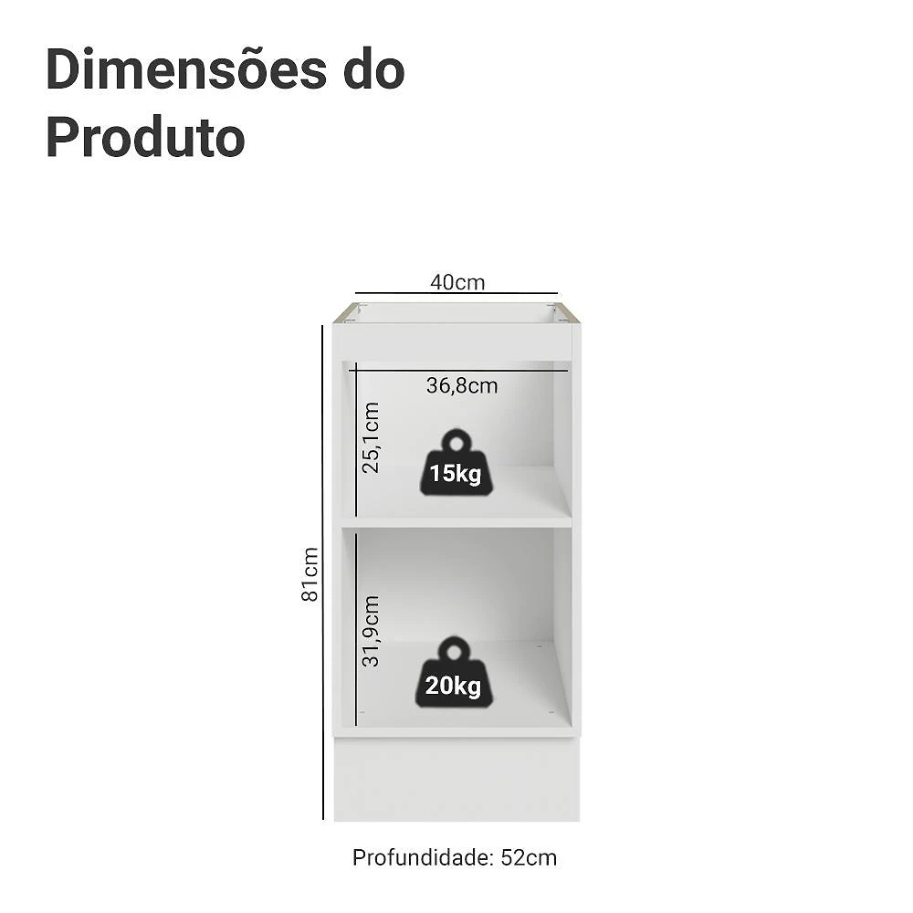 Balcão de cozinha 40 cm 1 porta (sem tampo) branco/cinza lux madesa
