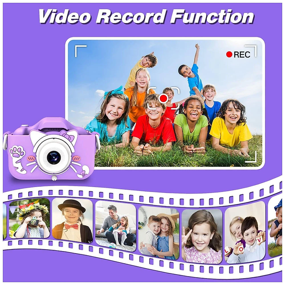 Câmera infantil Goopow para crianças de 3 a 8 anos, com vídeo HD 1080p, 12MP, zoom digital 8x, 28 molduras divertidas e cartão SD de 32GB incluso.