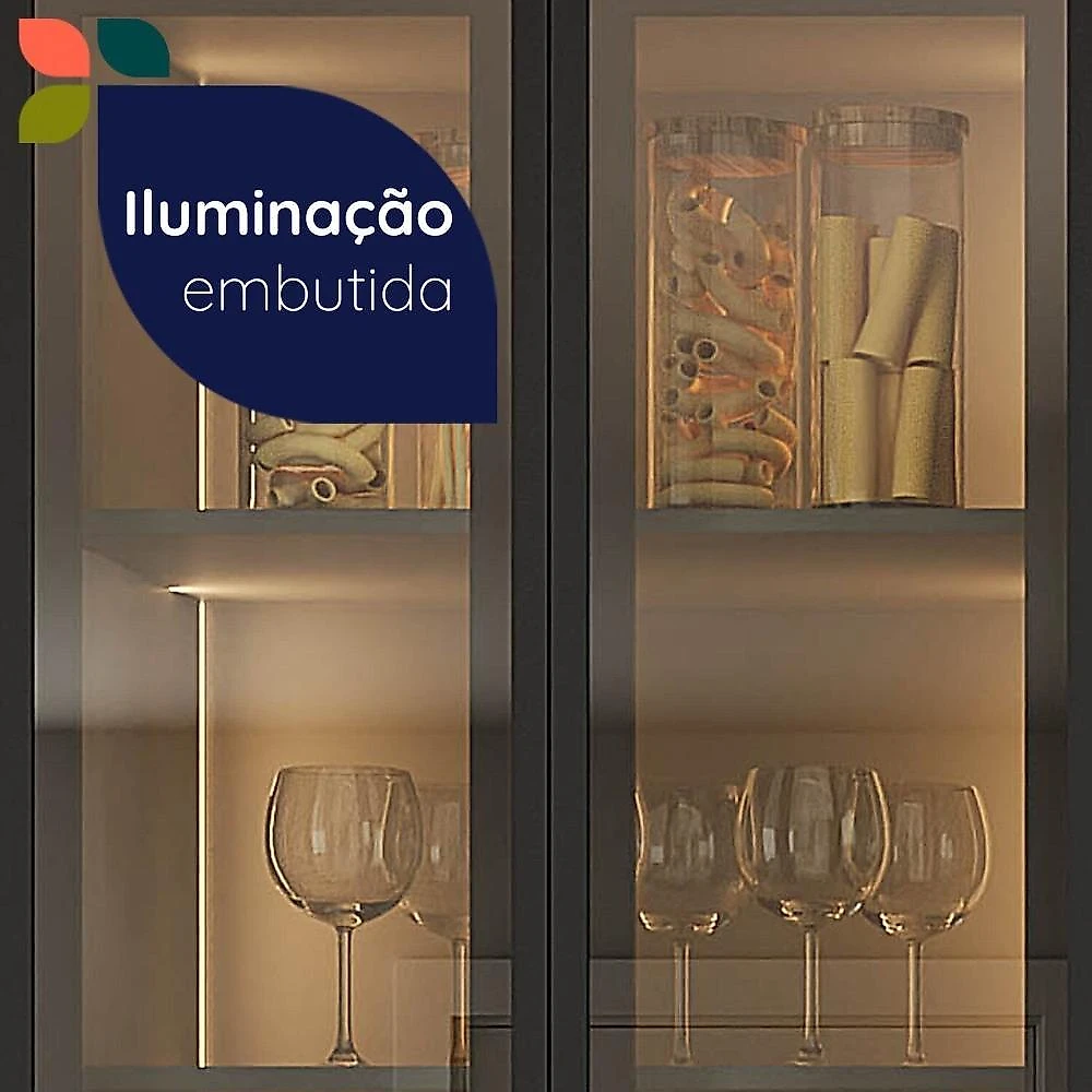 Paneleiro de Cozinha 70cm com Iluminação e com Rodapé 2 Portas com Vidro Lumina Cinza