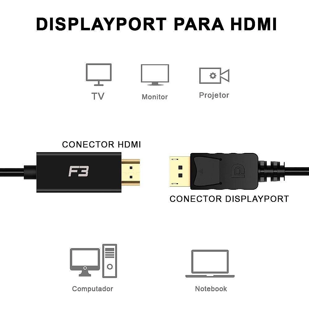 Cabo Adaptador Conversor Displayport para HDMI F3, 1.8 Metros - JC- CB-DMI18