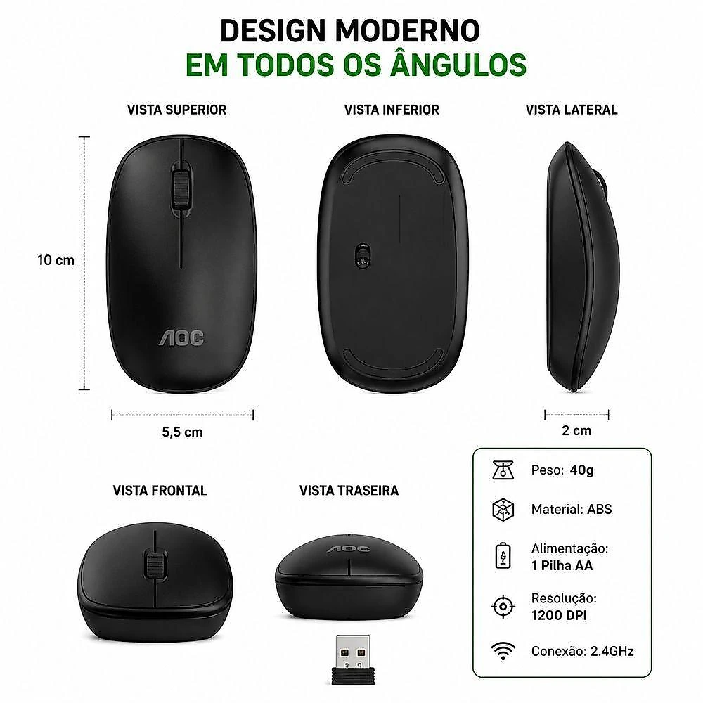 Mouse Óptico sem Fio 2.4GHZ USB 1200 DPI Ergonômico Wireless Preto AOC