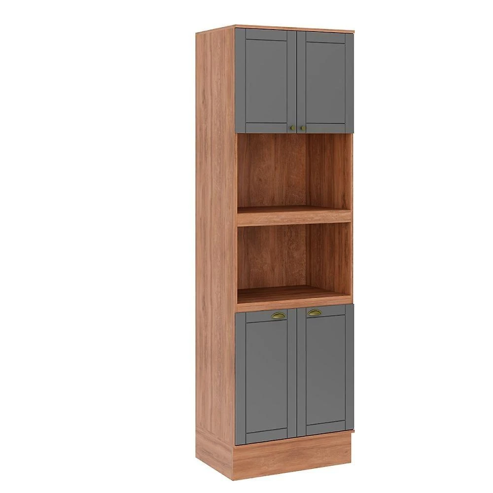 Armário Torre para 2 Fornos para Cozinha 4 Portas 1 Prateleira MDP e MDF 70CM Nogal com Cinza