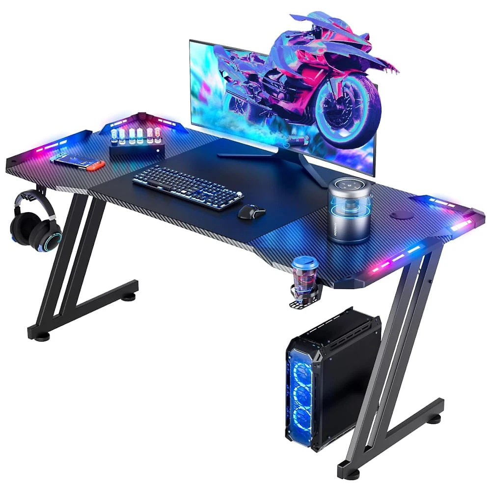 Mesa Gamer Ergonômica 47" 119 cm com Superfície de Fibra de Carbono, Gancho para Fone de Ouvido, Luz LED e Porta-Copos, 110V, HLDIRECT, Preto