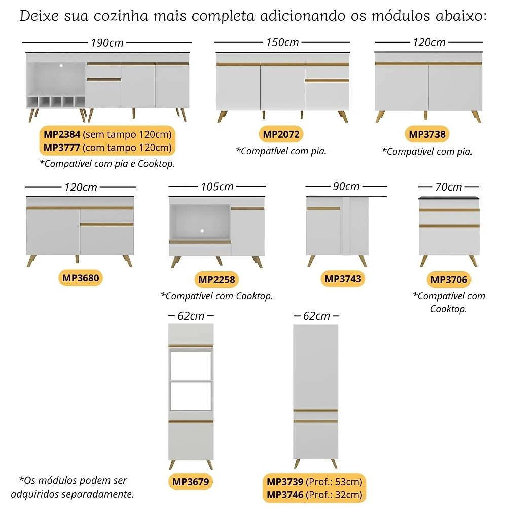 Armário de Cozinha Modulada Completa com Balcão 190cm Veneza Multimóveis MP2422 Branco