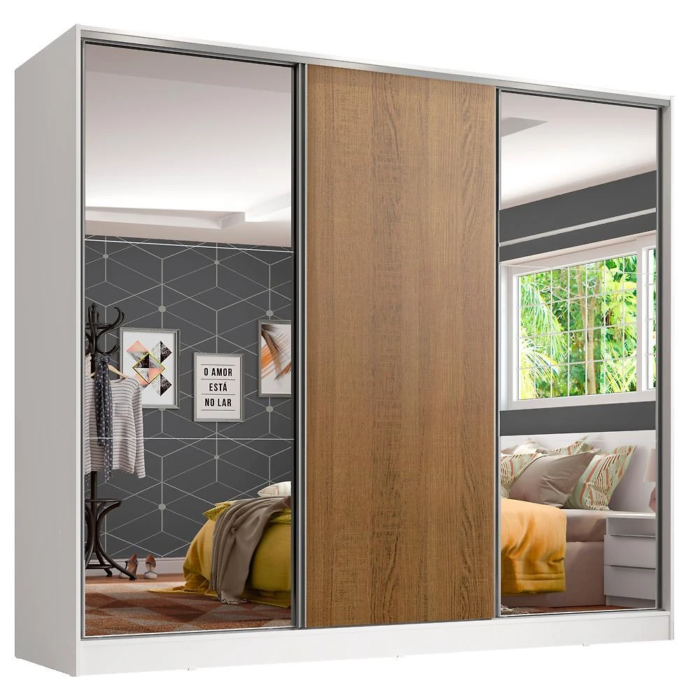 Guarda roupa juvenil 100% mdf madesa kevin 3 portas de correr com espelhos - branco/rustic