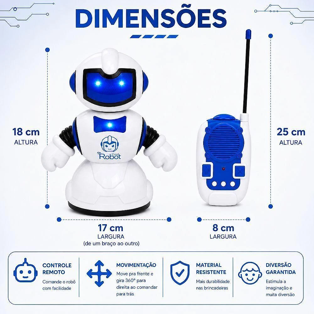 Robo de Brinquedo Controle Remoto Luz Som Movimento Interativo Eletronico Inteligente Azul Infantil